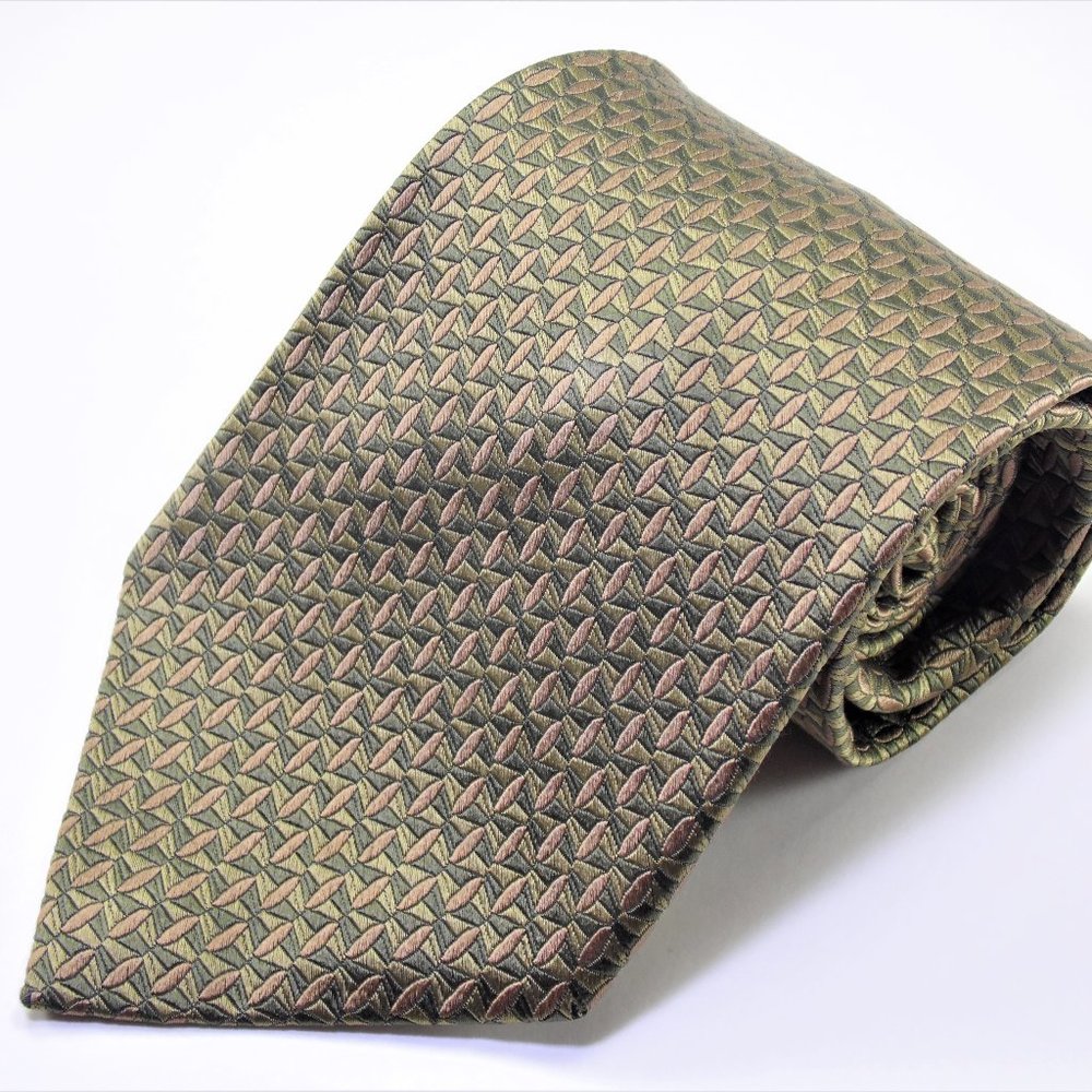 Green Brown Woodward Geometric 100% Silk Necktie